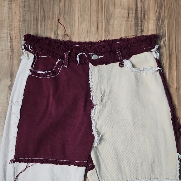 Women's Colorblock Patchwork Burgandy Tan and Cream Women Jeans 12 - Picture 12 of 13